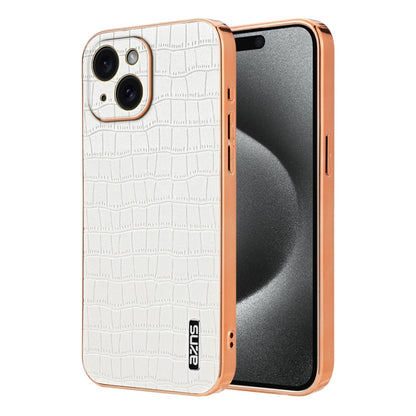 For iPhone 15 AZNS Electroplated Frame Crocodile Texture Full Coverage Phone Case(White)