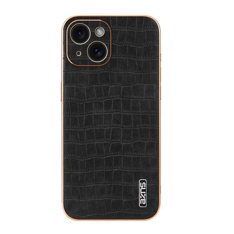 For iPhone 15 Plus AZNS Electroplated Frame Crocodile Texture Full Coverage Phone Case(Black)
