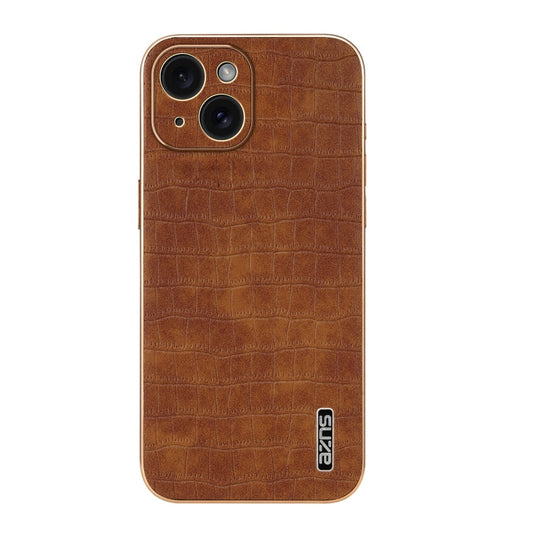 For iPhone 15 Plus AZNS Electroplated Frame Crocodile Texture Full Coverage Phone Case(Brown)