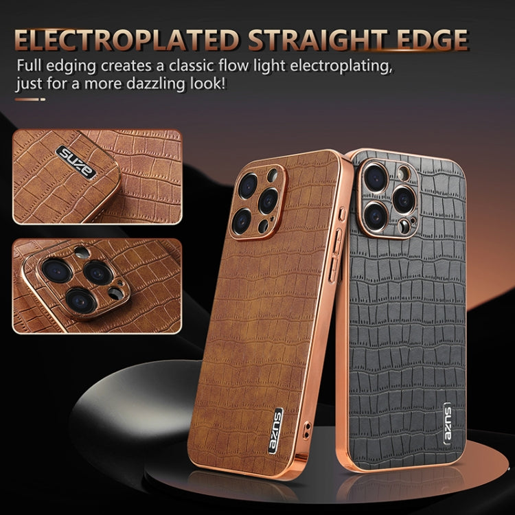 For iPhone 15 Pro AZNS Electroplated Frame Crocodile Texture Full Coverage Phone Case(White)
