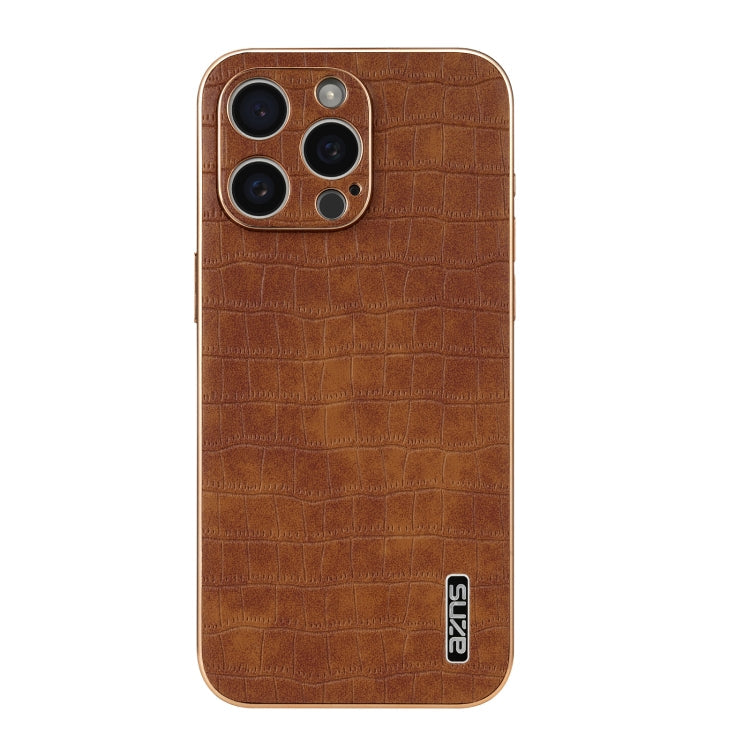 For iPhone 15 Pro Max AZNS Electroplated Frame Crocodile Texture Full Coverage Phone Case(Brown)