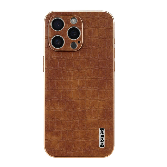 For iPhone 15 Pro Max AZNS Electroplated Frame Crocodile Texture Full Coverage Phone Case(Brown)