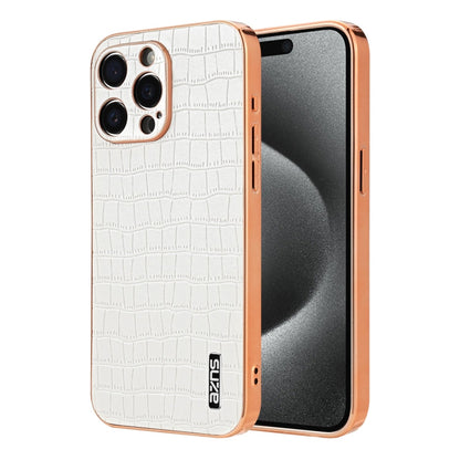 For iPhone 15 Pro Max AZNS Electroplated Frame Crocodile Texture Full Coverage Phone Case(White)