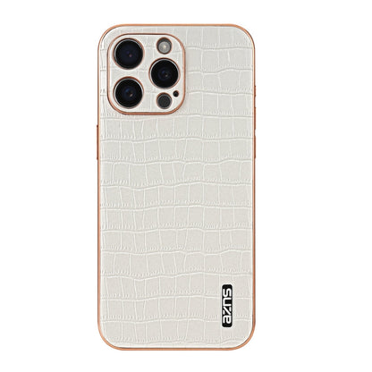For iPhone 15 Pro Max AZNS Electroplated Frame Crocodile Texture Full Coverage Phone Case(White)