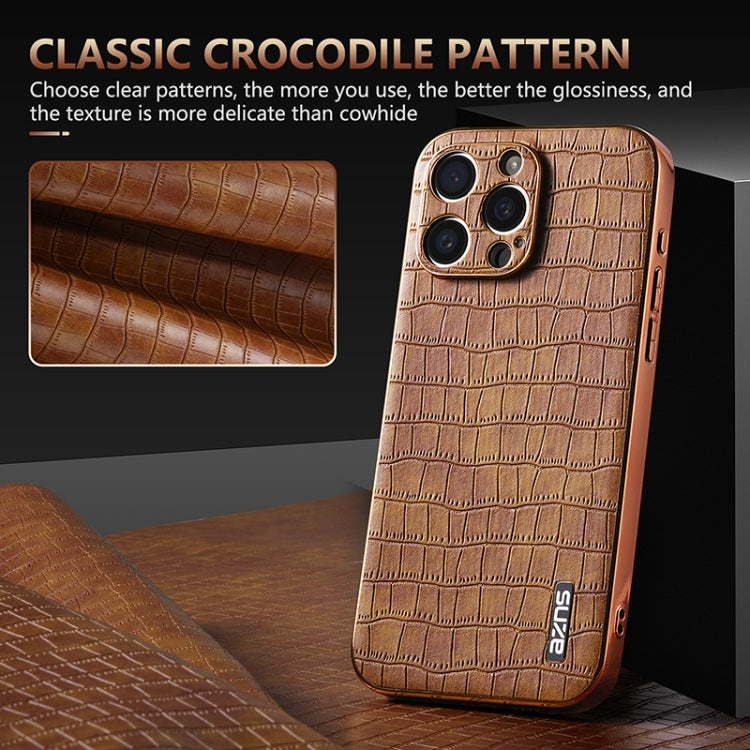 For iPhone 15 Pro Max AZNS Electroplated Frame Crocodile Texture Full Coverage Phone Case(White)