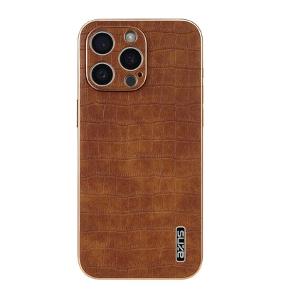 For iPhone 16 Pro Max AZNS Electroplated Frame Crocodile Texture Full Coverage Phone Case(Brown)