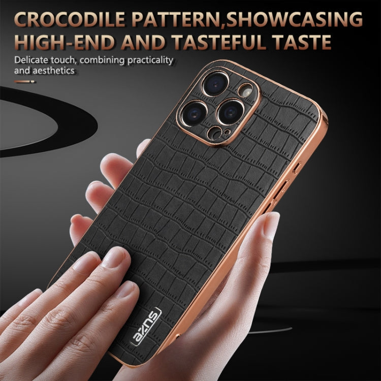 For iPhone 16 Pro AZNS Electroplated Frame Crocodile Texture Full Coverage Phone Case(Blue)