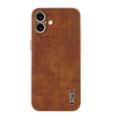 For iPhone 16 Plus AZNS Electroplated Frame Crocodile Texture Full Coverage Phone Case(Brown)
