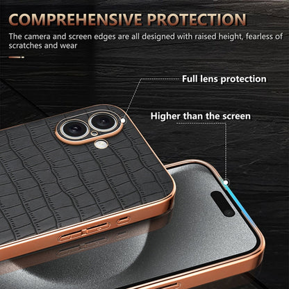 For iPhone 16 Plus AZNS Electroplated Frame Crocodile Texture Full Coverage Phone Case(Brown)