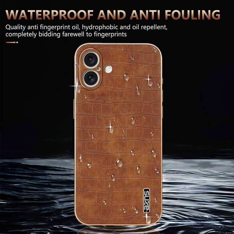 For iPhone 16 Plus AZNS Electroplated Frame Crocodile Texture Full Coverage Phone Case(Brown)