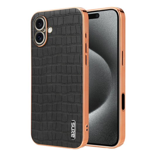 Pour iPhone 16 Coque de téléphone à couverture complète en texture crocodile avec cadre électroplaqué AZNS (Noir)