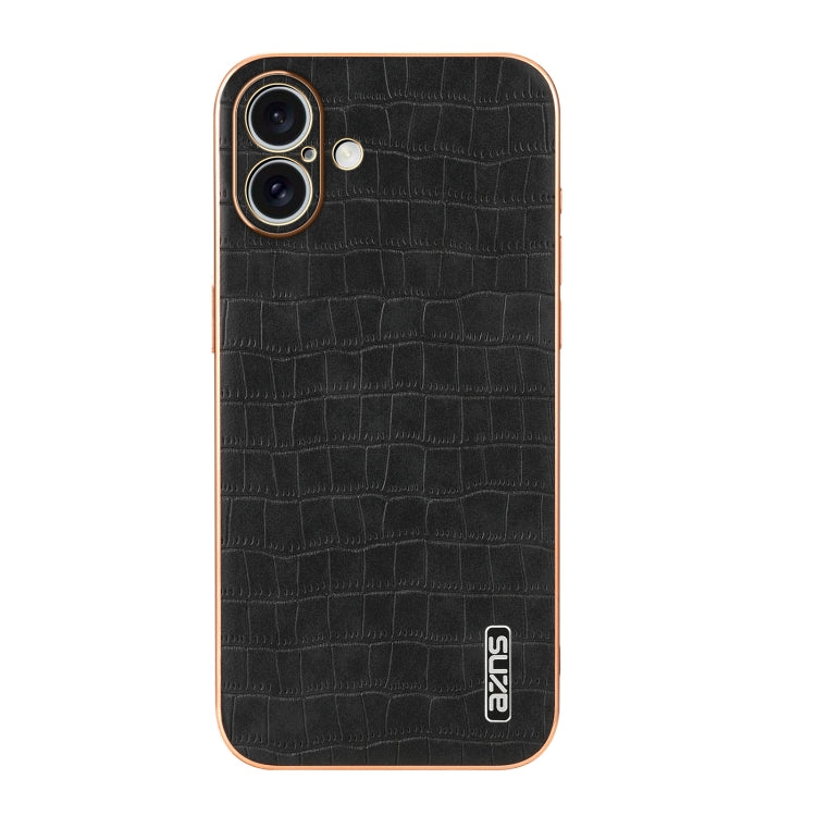 For iPhone 16 AZNS Electroplated Frame Crocodile Texture Full Coverage Phone Case(Black)