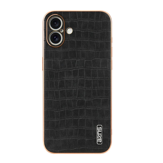 Pour iPhone 16 Coque de téléphone à couverture complète en texture crocodile avec cadre électroplaqué AZNS (Noir)