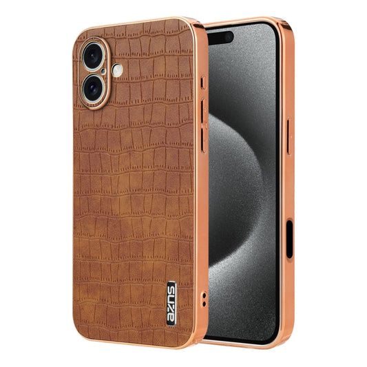 Pour iPhone 16 Coque de téléphone à Couverture Complète AZNS avec Cadre Électroplaqué et Texture Crocodile (Marron)