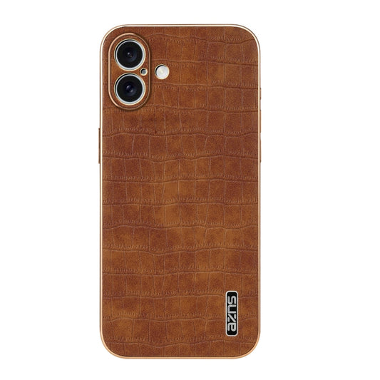 Pour iPhone 16 Coque de téléphone à Couverture Complète AZNS avec Cadre Électroplaqué et Texture Crocodile (Marron)