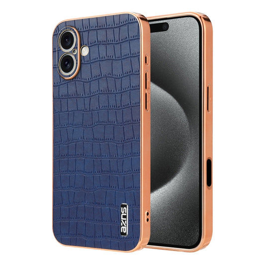 Pour iPhone 16 Coque de téléphone à couverture complète en texture crocodile avec cadre galvanisé AZNS (bleu)