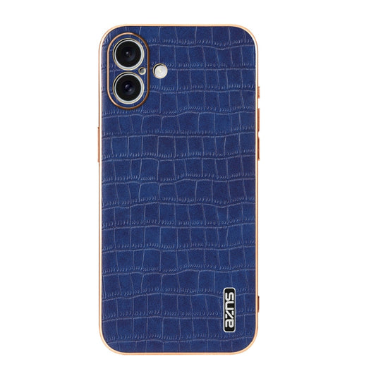 Pour iPhone 16 Coque de téléphone à couverture complète en texture crocodile avec cadre galvanisé AZNS (bleu)