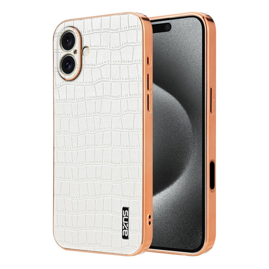 Pour iPhone 16 AZNS Coque de téléphone à couverture complète avec cadre électrolytique et texture crocodile (blanc)