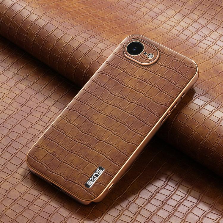 For iPhone 17e / 16e AZNS Electroplated Frame Crocodile Texture Full Coverage Phone Case(Brown)