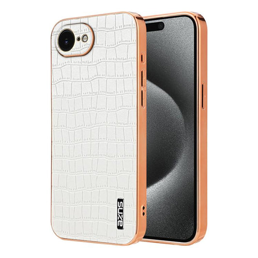 For iPhone 17e / 16e AZNS Electroplated Frame Crocodile Texture Full Coverage Phone Case(White)