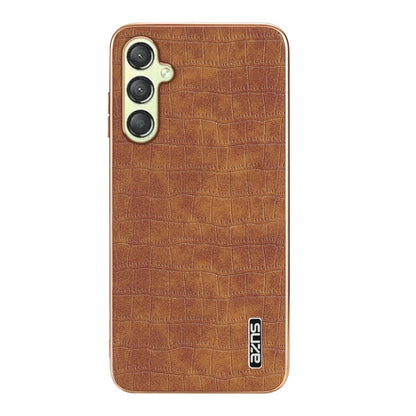 For Samsung Galaxy A14 AZNS Electroplated Frame Crocodile Texture Full Coverage Phone Case(Brown)