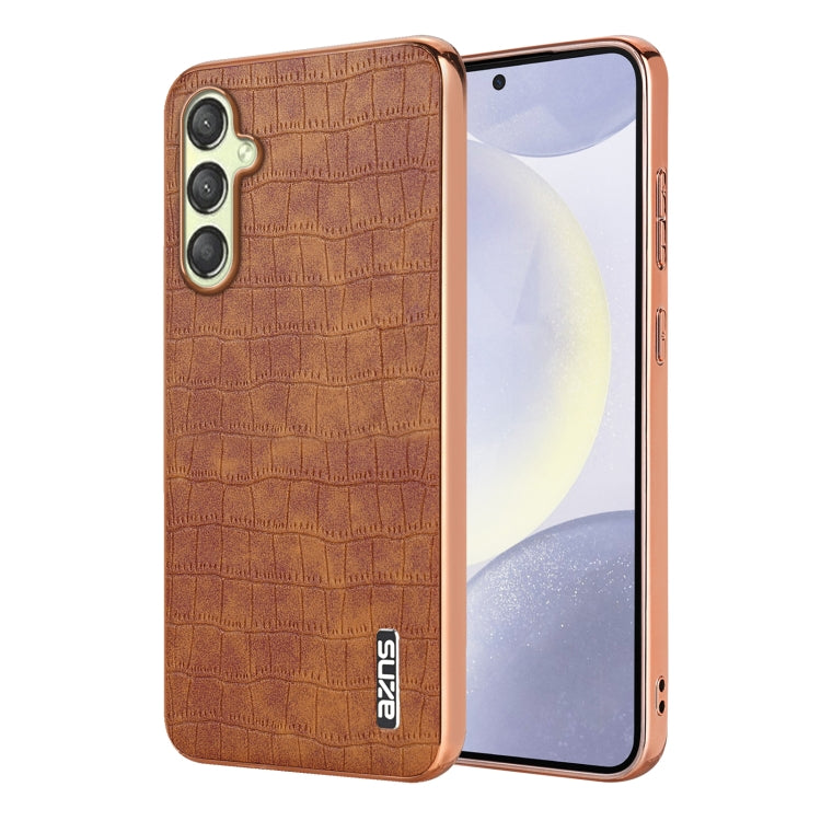 For Samsung Galaxy A15 AZNS Electroplated Frame Crocodile Texture Full Coverage Phone Case(Brown)