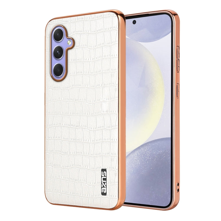 For Samsung Galaxy A35 AZNS Electroplated Frame Crocodile Texture Full Coverage Phone Case(White)