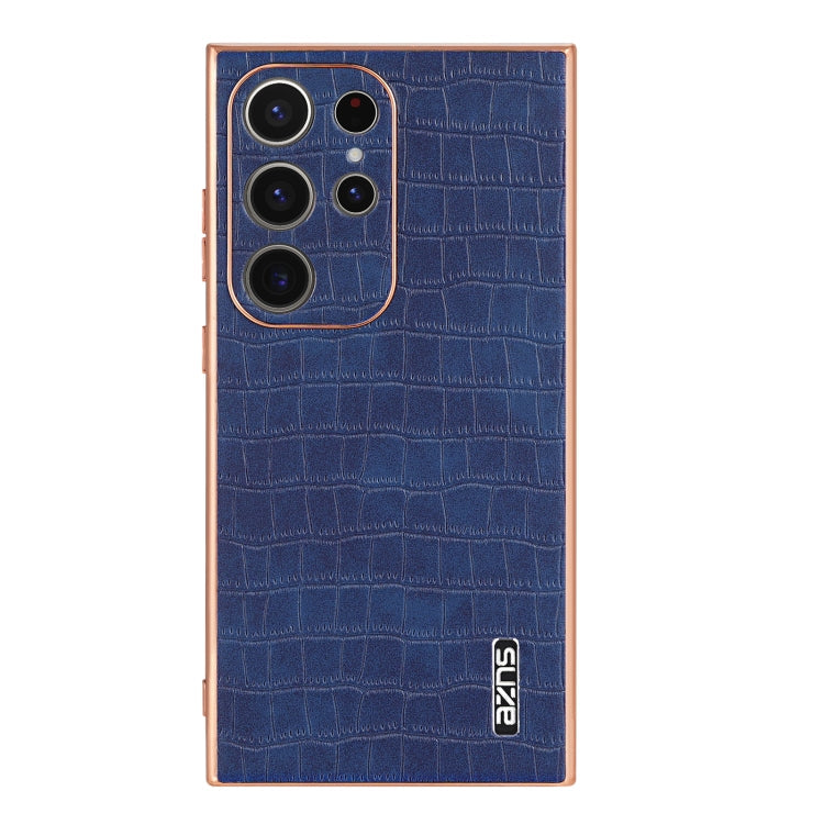For Samsung Galaxy S22 Ultra 5G AZNS Electroplated Frame Crocodile Texture Full Coverage Phone Case(Blue)