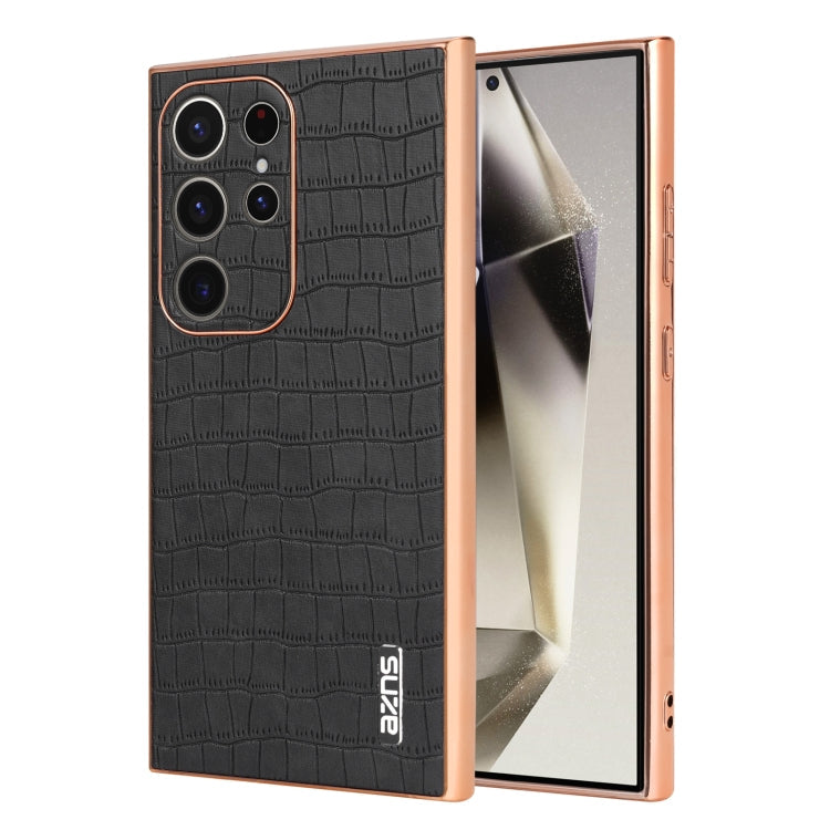For Samsung Galaxy S23 Ultra 5G AZNS Electroplated Frame Crocodile Texture Full Coverage Phone Case(Black)