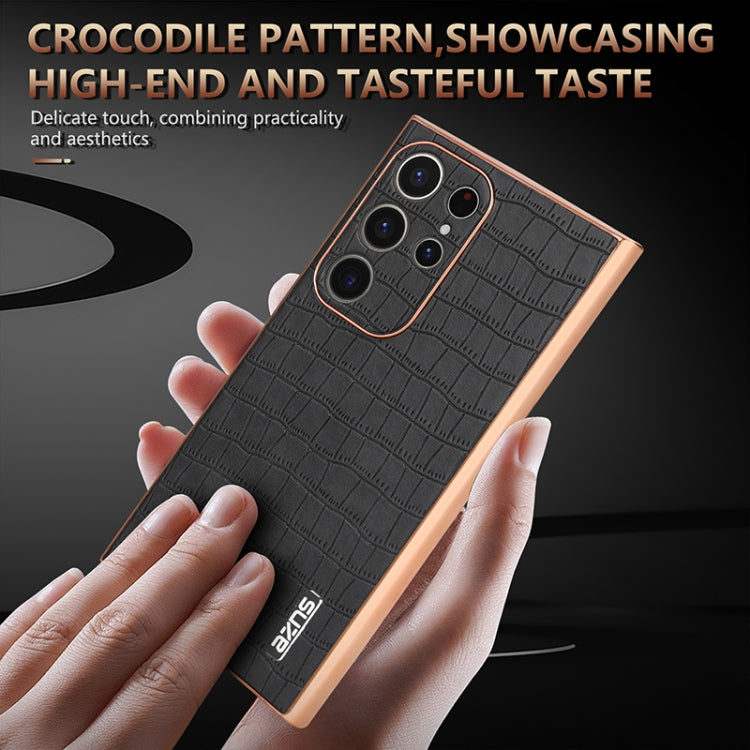 For Samsung Galaxy S23 Ultra 5G AZNS Electroplated Frame Crocodile Texture Full Coverage Phone Case(Black)