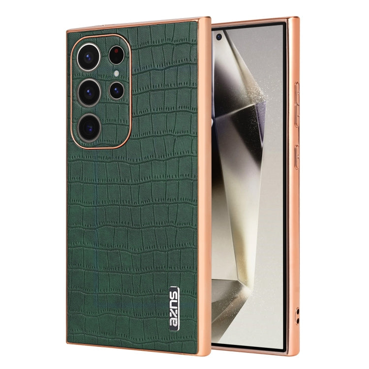 For Samsung Galaxy S23 Ultra 5G AZNS Electroplated Frame Crocodile Texture Full Coverage Phone Case(Green)