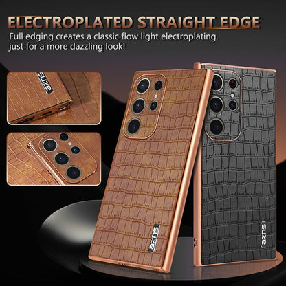 For Samsung Galaxy S24 Ultra 5G AZNS Electroplated Frame Crocodile Texture Full Coverage Phone Case(White)