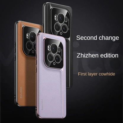 For Honor Magic6 SULADA Frameless Top Layer Cowhide Leather + PC Phone Case(Brown)