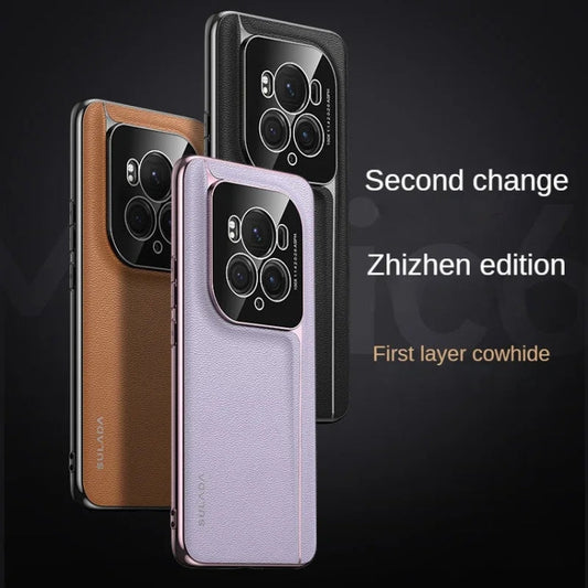 Pour Honor Magic6 Pro / Magic6 Ultimate SULADA Coque de téléphone sans cadre en cuir de vachette de première couche + PC (Violet)