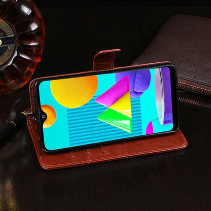 Pour Samsung Galaxy M01 Étui en cuir à rabat horizontal texture cheval fou idewei avec support, fentes pour cartes et portefeuille (bleu ciel)