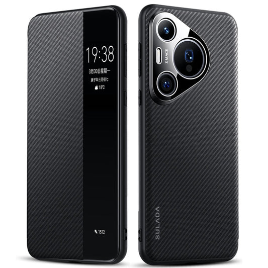 For Huawei Pura 70 Pro SULADA Kevlar 600D Texture Smart Window Leather Phone Case(Black)