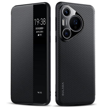 For Huawei Pura 70 SULADA Kevlar 600D Texture Smart Window Leather Phone Case(Black)