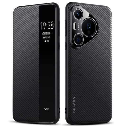 For Huawei Pura 70 SULADA Kevlar 600D Texture Smart Window Leather Phone Case(Black)