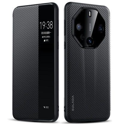 For Huawei Mate 60 RS Ultimate SULADA Kevlar 600D Texture Smart Window Leather Phone Case(Black)