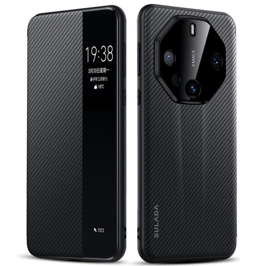 For Huawei Mate 60 RS Ultimate SULADA Kevlar 600D Texture Smart Window Leather Phone Case(Black)