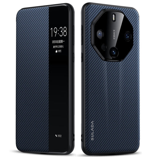 For Huawei Mate 60 RS Ultimate SULADA Kevlar 600D Texture Smart Window Leather Phone Case(Blue)