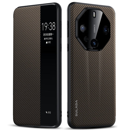For Huawei Mate 60 RS Ultimate SULADA Kevlar 600D Texture Smart Window Leather Phone Case(Brown)