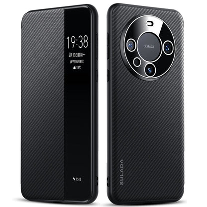 For Huawei Mate 60 Pro SULADA Kevlar 600D Texture Smart Window Leather Phone Case(Black)