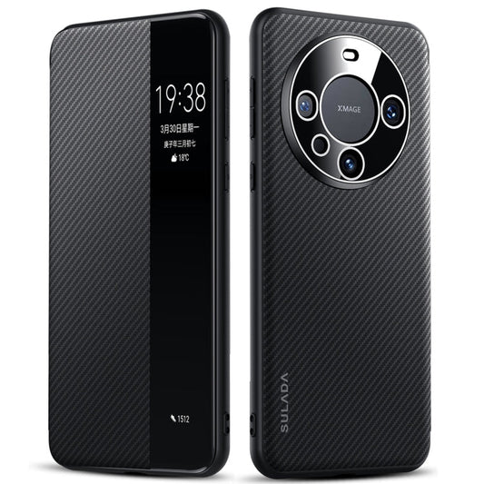 For Huawei Mate 60 Pro SULADA Kevlar 600D Texture Smart Window Leather Phone Case(Black)