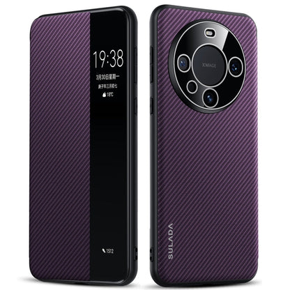 Pour Huawei Mate 60 Pro Étui de téléphone en cuir SULADA Kevlar 600D texture avec fenêtre intelligente (violet)