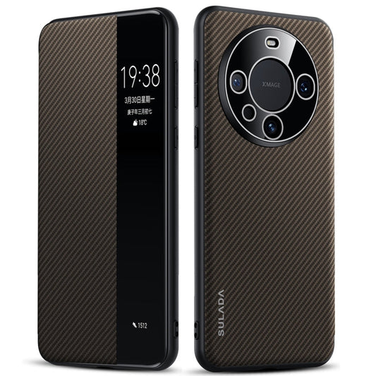 For Huawei Mate 60 Pro SULADA Kevlar 600D Texture Smart Window Leather Phone Case(Brown)