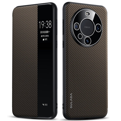For Huawei Mate 60 SULADA Kevlar 600D Texture Smart Window Leather Phone Case(Brown)