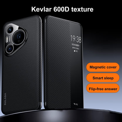 For Huawei Pura 70 SULADA Kevlar 600D Texture Smart Window Leather Phone Case(Brown)