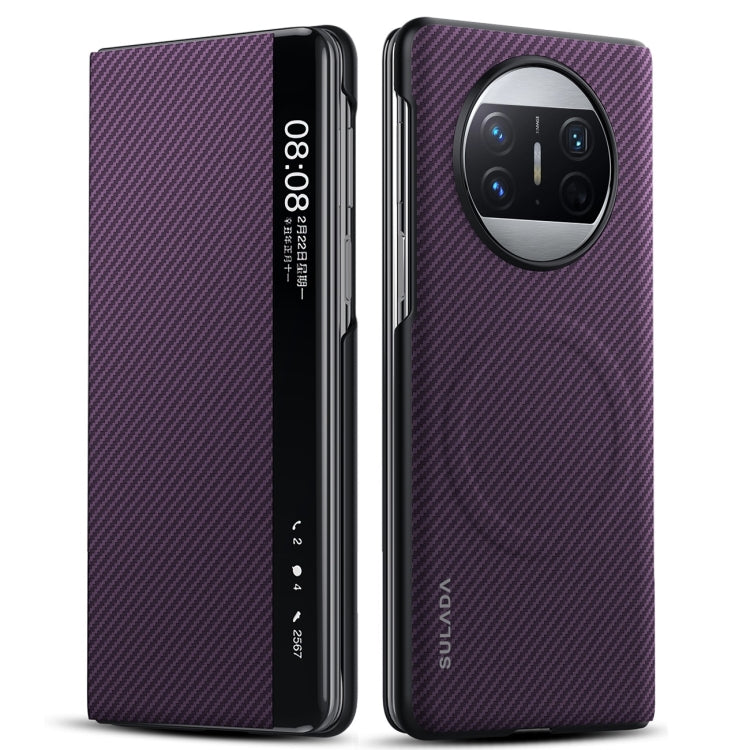 Pour Huawei Mate X3 SULADA Coque de téléphone en cuir avec fenêtre intelligente texturée Kevlar 600D (Violet)