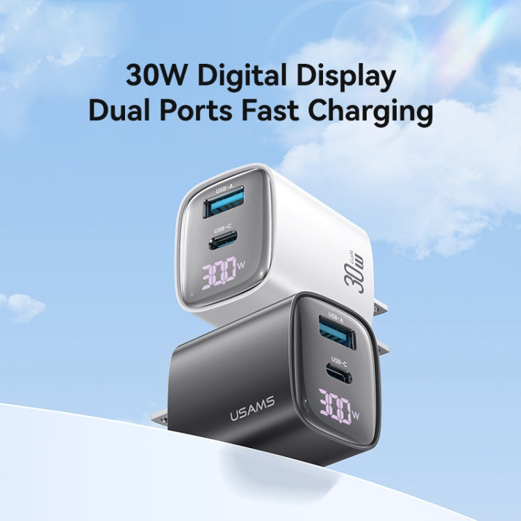 USAMS CC230 30W USB+USB-C / Type-C Dual Port GaN Digital Display Charger, Specifications: US Plug(White)